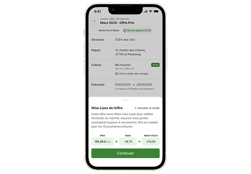Maison Sources — Cours MATIF en temps réel : écran « Mars 2025 – Offre Prix » (SCEA des Lilas, blé meunier R2025) avec statut « Ouvert jusqu’à 22:00 », période d’exécution 01/03→20/03, bloc « Mise à jour de l’offre » et récap 191,30 €/t = Base −18,70 + Futures MATIF ≈ 210,00. Surveillez les cours et saisissez le bon timing pour vendre au meilleur prix — ne ratez plus jamais un pic, où que vous soyez.